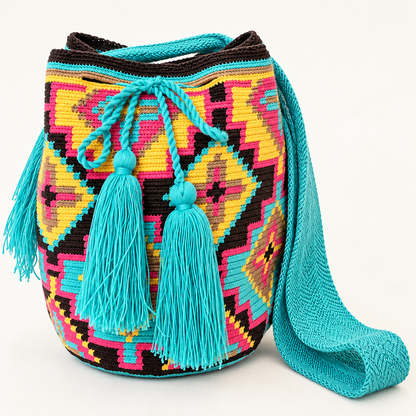 Bolso Wayuu turquesa multicolor de algodón con tejido artesanal