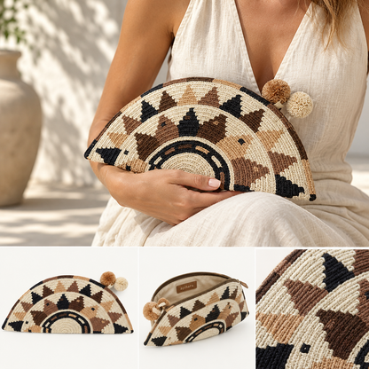 Clutch Wayuu de algodón tejido a mano, detalle artesanal colombiano