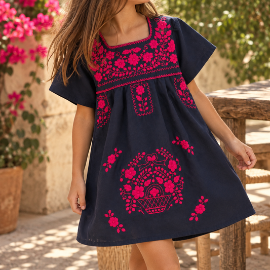 vestido niña mexicano azul bordado